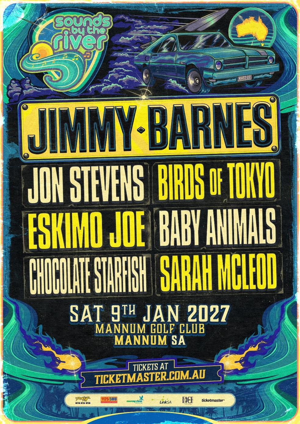 Sounds by the River 2027 music festival poster featuring headliner Jimmy Barnes and line-up details at Mannum Golf Club in South Australia.
